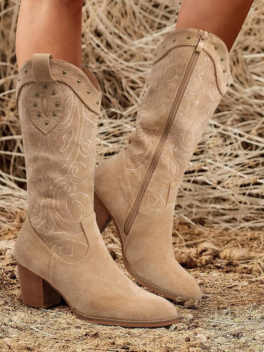 Women Apricot Western Pointed Toe Chunky Heel Embroidered Mid Calf Cowgirl Boot